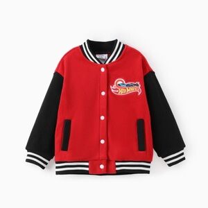 Hot Wheels Bomber Jacket Graphic Fleece Stand Collar Red Black Varsity Jacket